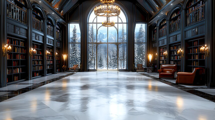 Obraz premium Elegant library gathering with snowy mountains luxurious interior cozy reading space winter wonderland serene atmosphere