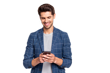 Portrait of his he nice attractive cheerful cheery glad ceo boss chief HR director wearing blue...