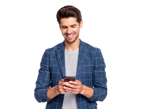 Portrait of his he nice attractive cheerful cheery glad ceo boss chief HR director wearing blue checked blazer using modern technology service isolated over light white pastel background