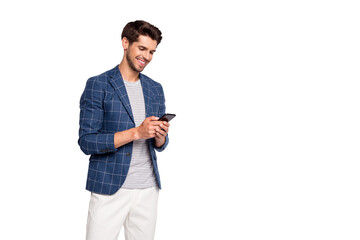 Portrait of his he nice attractive lovely stylish cheerful cheery freelancer HR director wearing...