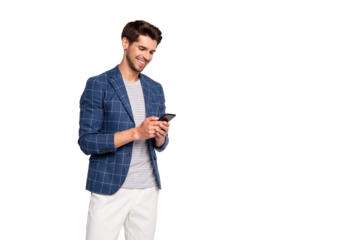 Portrait of his he nice attractive lovely stylish cheerful cheery freelancer HR director wearing blue checked blazer using gadget device chatting isolated over light white pastel background