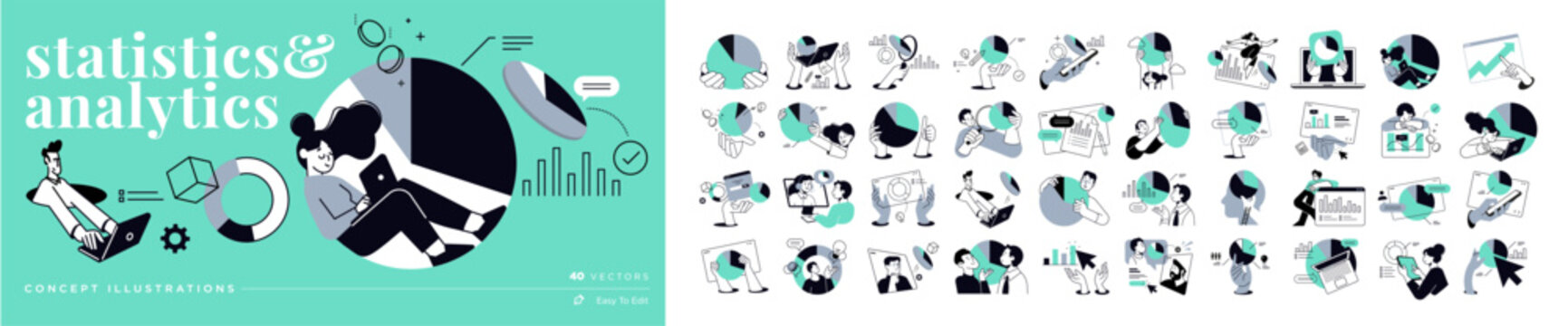 Statistics and analytics. Set of people vector illustrations of business analysis, market research, data analytics, statistics, planning, business and financial report, marketing and presentation.