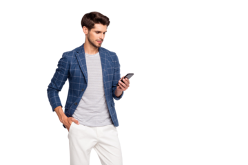 Portrait of his he nice attractive lovely stylish freelancer recruiter wearing blue checked blazer using gadget device finding searching information isolated over light white pastel background