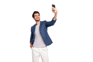 Portrait of his he nice attractive lovely stylish cheerful cheery freelancer busy body wearing blue checked blazer taking making selfie isolated over light white pastel background