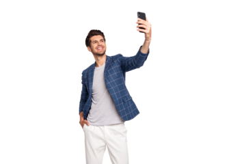 Portrait of his he nice attractive lovely stylish cheerful cheery freelancer busy body wearing blue checked blazer taking making selfie isolated over light white pastel background