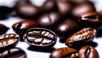 Close-up, clear and detailed photo of a coffee bean on white paper background. A healthy drink but can also be dangerous.