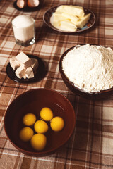 Baking background, ingredients and utensils for baking.