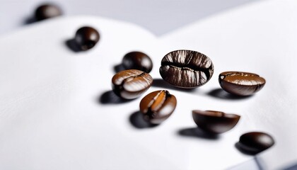 Close-up, clear and detailed photo of a coffee bean on white paper background. A healthy drink but can also be dangerous.