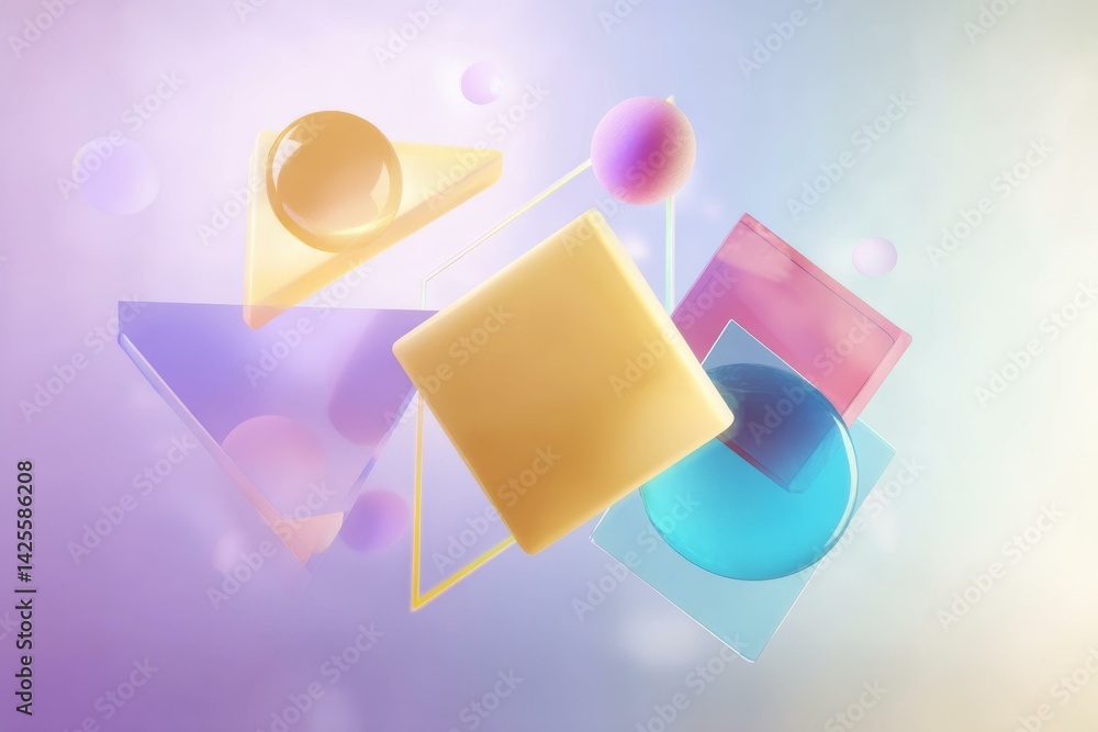 Aufkleber abstract geometric shapes display with spheres, squares, and triangles on a soft pastel gradient bac