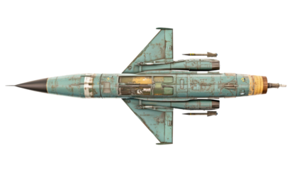 Aerial View of a Rustic Turquoise Fighter Jet with Detailed Mechanical Components and Wear