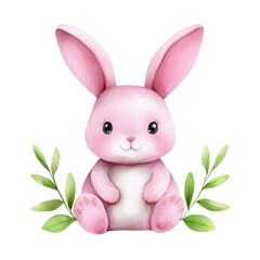 Obraz premium Cute pink bunny sitting among green leaves, perfect for cheerful designs. isolated against a transparent background.