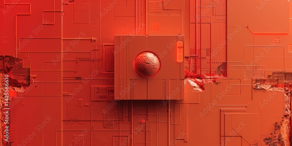 Poster the picture of the red circuit board with technology theme that stands for the connection, the mainb