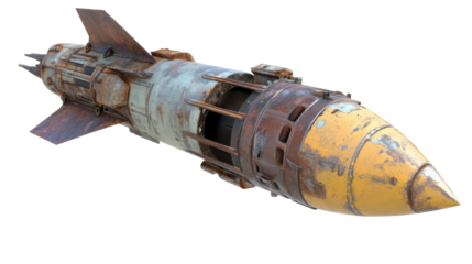 Aged Military Missile Displaying Rust and Deterioration on Transparent Background