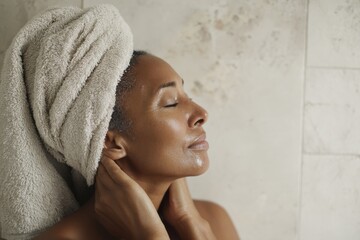 Close-up of young Black woman,30 relaxing with eyes closed and towel wrapped around head in tiled bathroom
