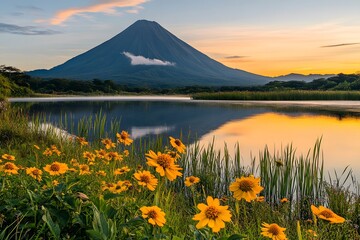 Mountain view over lake with yellow flowers and sunrise reflecting in the water at ometepe island