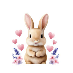 Obraz premium Cute rabbit surrounded by flowers and hearts, symbolizing love. isolated against a transparent background.