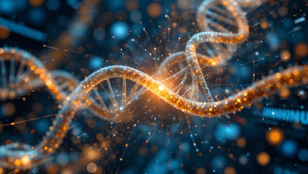 A digital vector illustration depicts a luminous DNA strand encircled by flowing data streams, representing advanced technology in genetic research and bioinformatics.