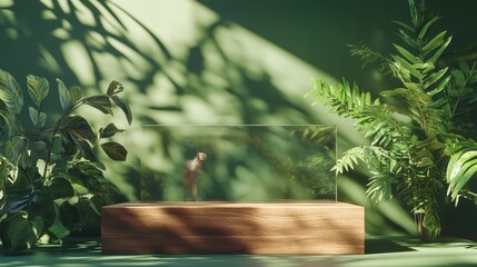 Obraz premium Wooden podium with green background, plants, and animal reflection. Minimalistic scene with shadows and depth for product display.