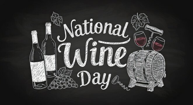 National Wine Day chalk drawing for greeting card, banner with bottle, grape branch, oak barrel, wineglass and corkscrew. Alcohol beverage concept graphic template.