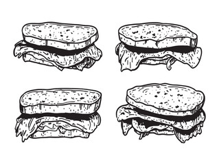 Pastrami sandwich line art vector illustration with delicious details