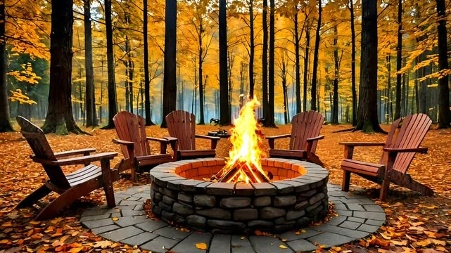 
Campfire circle in autumn forest with fallen leaves and rustic wooden chairs. Lifestyle outdoor concept