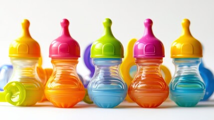 Colorful Bottles and Pacifiers on Bright Background