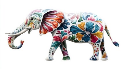 Fototapeta premium Colorful Elephant with Floral Details Isolated on White