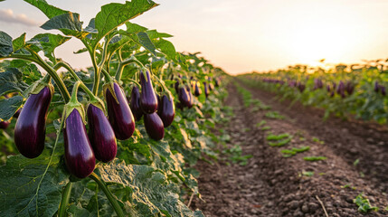 Lush eggplant field at sunset with vibrant purple vegetables and soft golden light