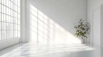 Fototapeta premium Sunlight streaming through windows in minimalist room with potted plant indoor modern bright