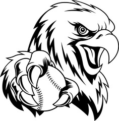 Eagle Mascot Holding Baseball in Claws Black and White