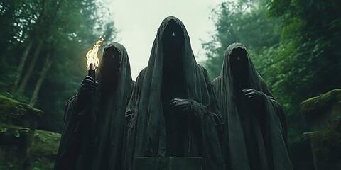 Mysterious figures forest statues