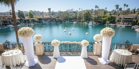 Lakeside wedding ceremony with floral arrangements
