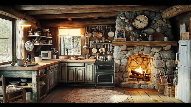 Cozy rustic kitchen with stone fireplace, wooden cabinets, and warm lighting, creating a homely atmosphere