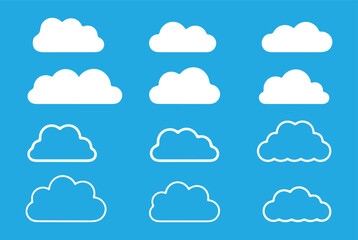 White cloud icon set vector flat and line art style isolated on blue background