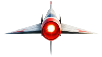 Futuristic Fighter Jet with Striking Red Engine Glow and Sleek Aerodynamic Design on Transparent Background