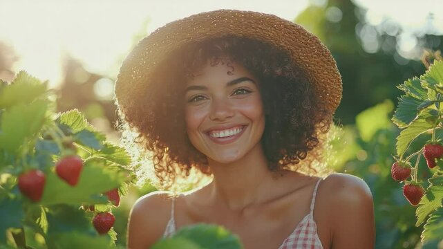 The Joy of Harvest: A radiant woman wearing a straw hat smiles amidst a vibrant strawberry patch, her eyes twinkling with the sun. She embodies the warmth and abundance of nature's bounty.