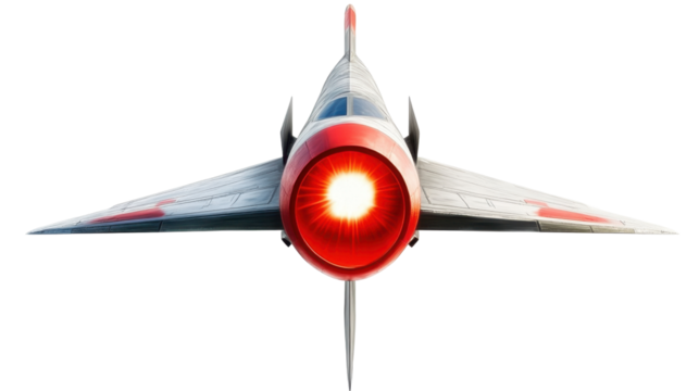 Futuristic Fighter Jet with Striking Red Engine Glow and Sleek Aerodynamic Design on Transparent Background