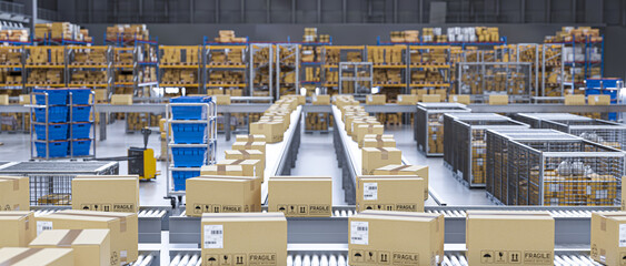 Cardboard boxes moving on automated conveyor belt system in a modern distribution warehouse