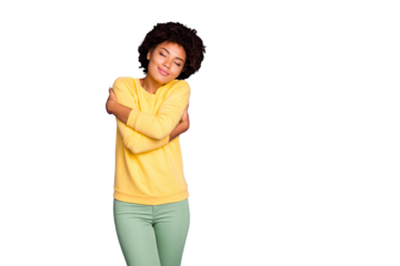 Portrait of her she nice attractive charming lovely dreamy cheerful cheery wavy-haired girl hugging herself peaceful isolated over violet purple lilac pastel color background