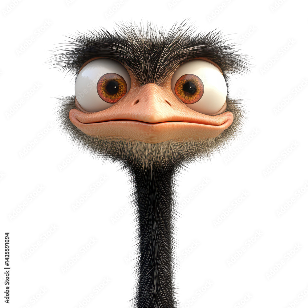 Poster creative cartoon ostrich character with large eyes and expressive features in a playful design and c