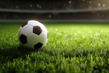 Fototapeta premium Close Up Of Soccer Ball On Lush Green Field At Night Stadium