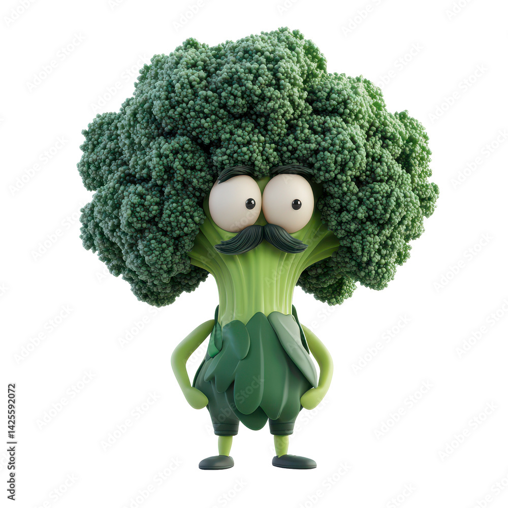 Poster cartoon broccoli character with a mustache strikes a confident pose in a playful setting