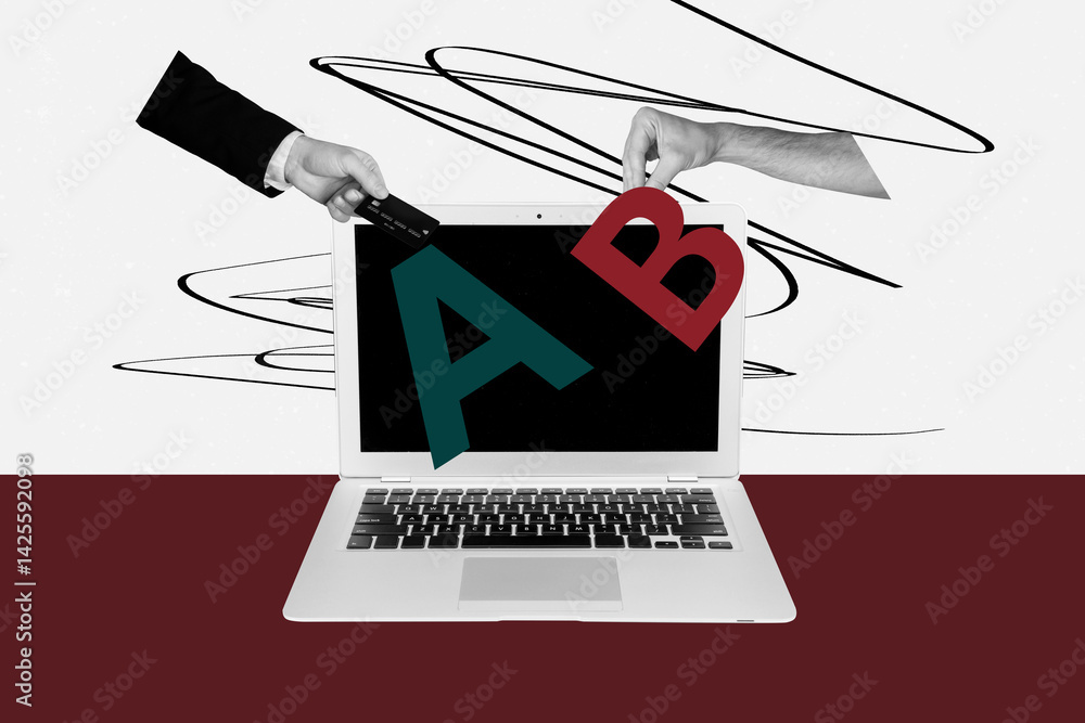 Poster creative full artwork collage of hands show laptop open screen device hold letters programming softw