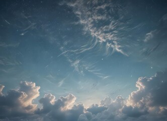 Faded blue sky, wispy clouds, stars on distressed paper texture , night, backdrop