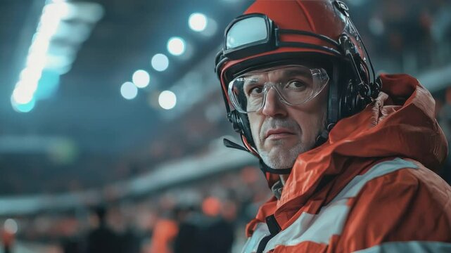 Courage and Commitment: A focused individual, adorned in protective gear, embodies determination and vigilance, their gaze reflecting resolve and dedication in a high-stakes scenario.
