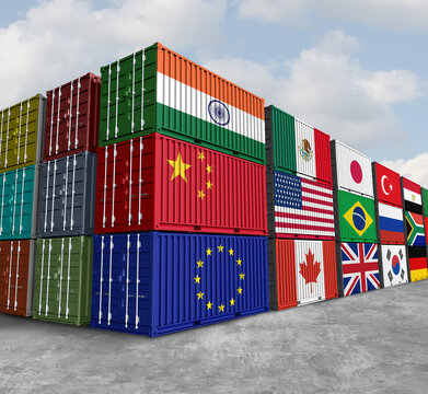 International Trade as a global economic symbol of trade war or tariffs and world economy distribution as cargo containers from China USA India and the EU as a symbol of imports and exports.