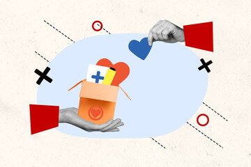 Composite sketch image design trend artwork collage of hand hold box gift stuff heart generosity...