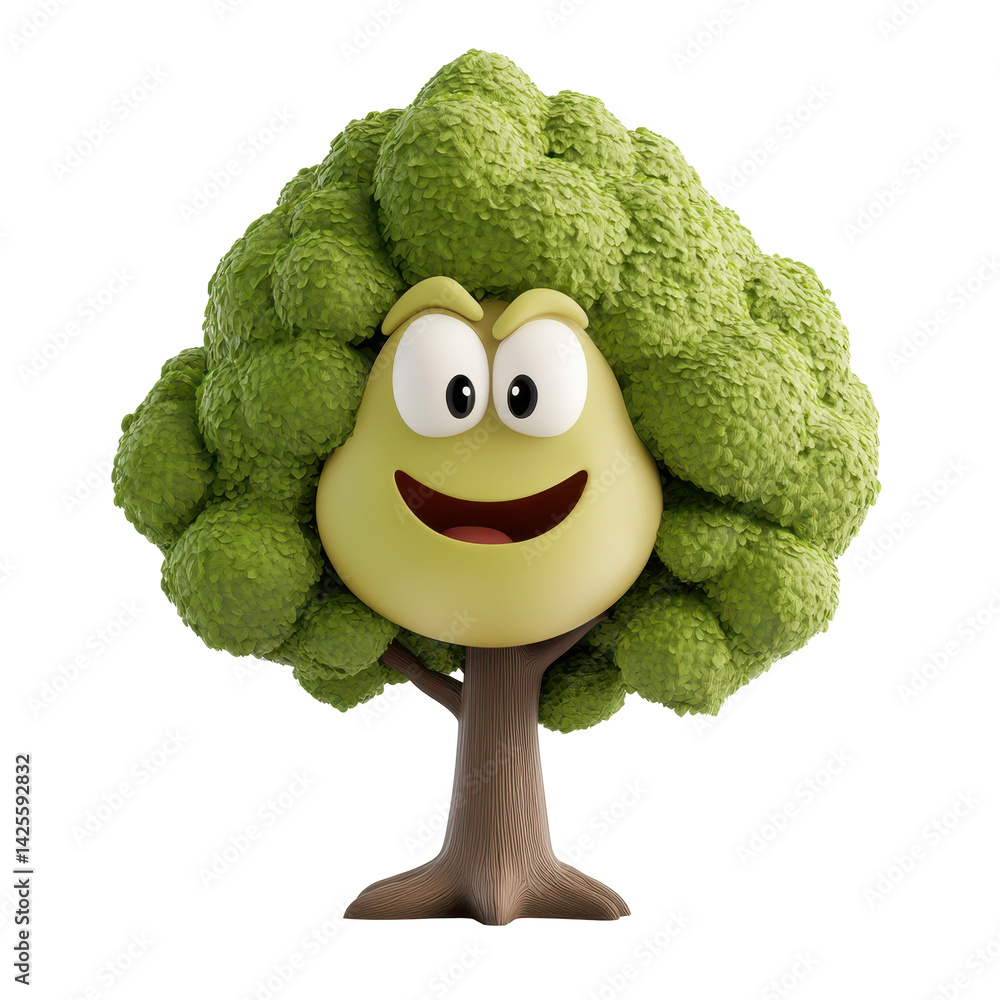 Poster cartoon tree character with a cheerful expression in a playful and colorful style