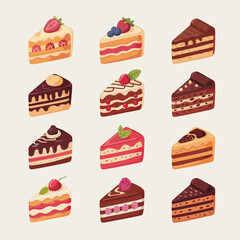 PrintCartoon slice of layered chocolate cake with white frosting and chocolate decorations.