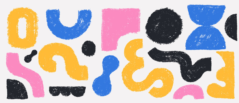 Set of abstract thick lines charcoal drawing grunge shapes in doodle scribble style. Colorful hand drawn vector bold geometric forms in childish style. Playful kids figures brush strokes collection.